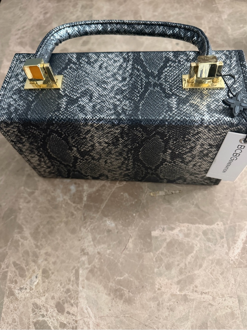 BCBGeneration Black Snake-Print Top-Handle Box Crossbody with Gold Hardware - Picture 4 of 4